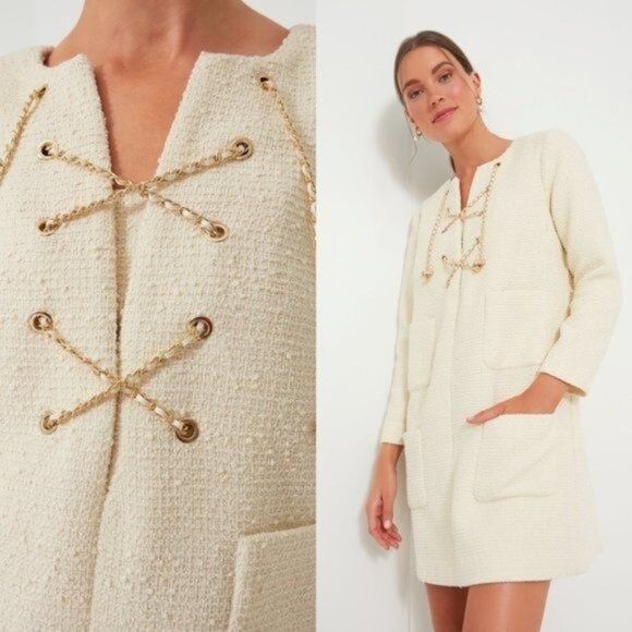 Tuckernuck NEW Blanc Ivory Tie Tweed Kelly Long Sleeve Mini Dress Size S - Picture 1 of 9